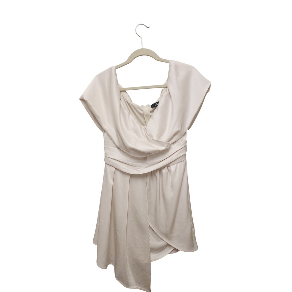 Lulus Champagne Satin Cowl Neck Asymmetrical Tulip Hem Cocktail Dress Large